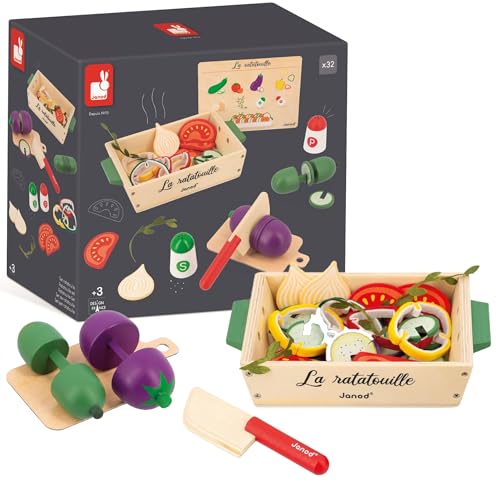 Janod Janod-Ratatouille-Spielset-32 Küchenzubehörteile-Rezept + Utensilien + Gemüse-Rollenspielzeug-Spielzeug aus FSC-Holz-Ab 3 Jahren, J06626, Mehrfarbig