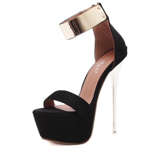 NEOFEN Damen-Sandalen mit einem Riemen und offenem Zehenbereich, Stiletto-Absatz, Knöchelschnalle, Riemen, Sommer-Pump-Schuhe (Color : Black, Size : 38 EU)