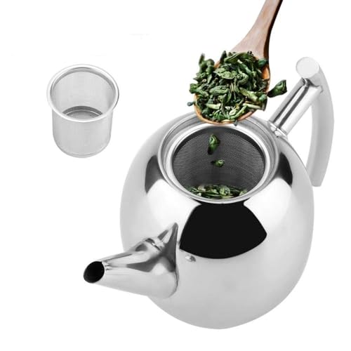 Edelstahl-Teekanne Mit Siebeinsatz, Teekanne Mit Sieb 1.5 Liter, Kanne + Metall- Siebeinsatz, Spülmaschinenfest Teekanne, Silber