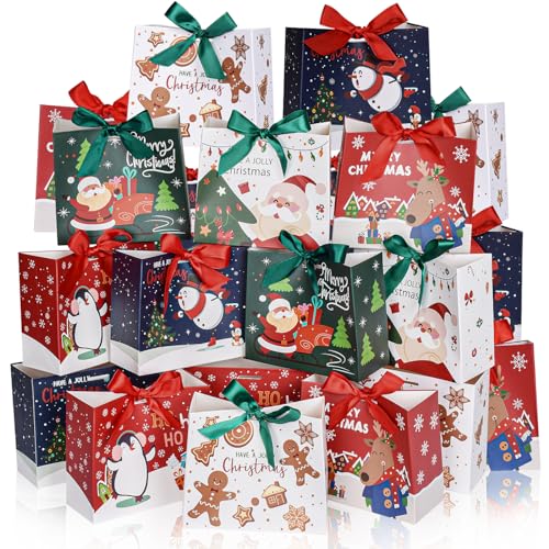 DECHISY Kleine Weihnachts-Geschenktüten, 6 Designs, Mini-Geschenktüten, 13 x 11,4 x 5,6 cm, Weihnachtsgeschenktüten mit Band, Weihnachtstüten für Geschenke, Süßigkeiten, Leckereien, Urlaub, Abend, 24