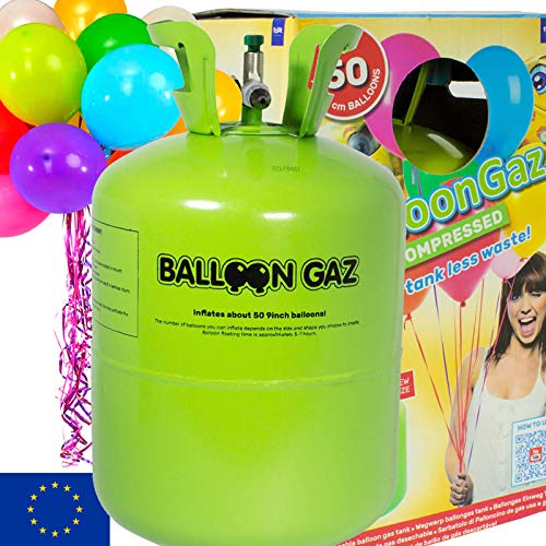 BALLONGAS FÜR 50 LUFTBALLONS + 50 BALLONS + FÜLLVENTIL + 50 ÖKO-BALLONSCHNUR | Helium Einweg Flasche Luftballon Folienballon Deko Geburtstag Party Hochzeit