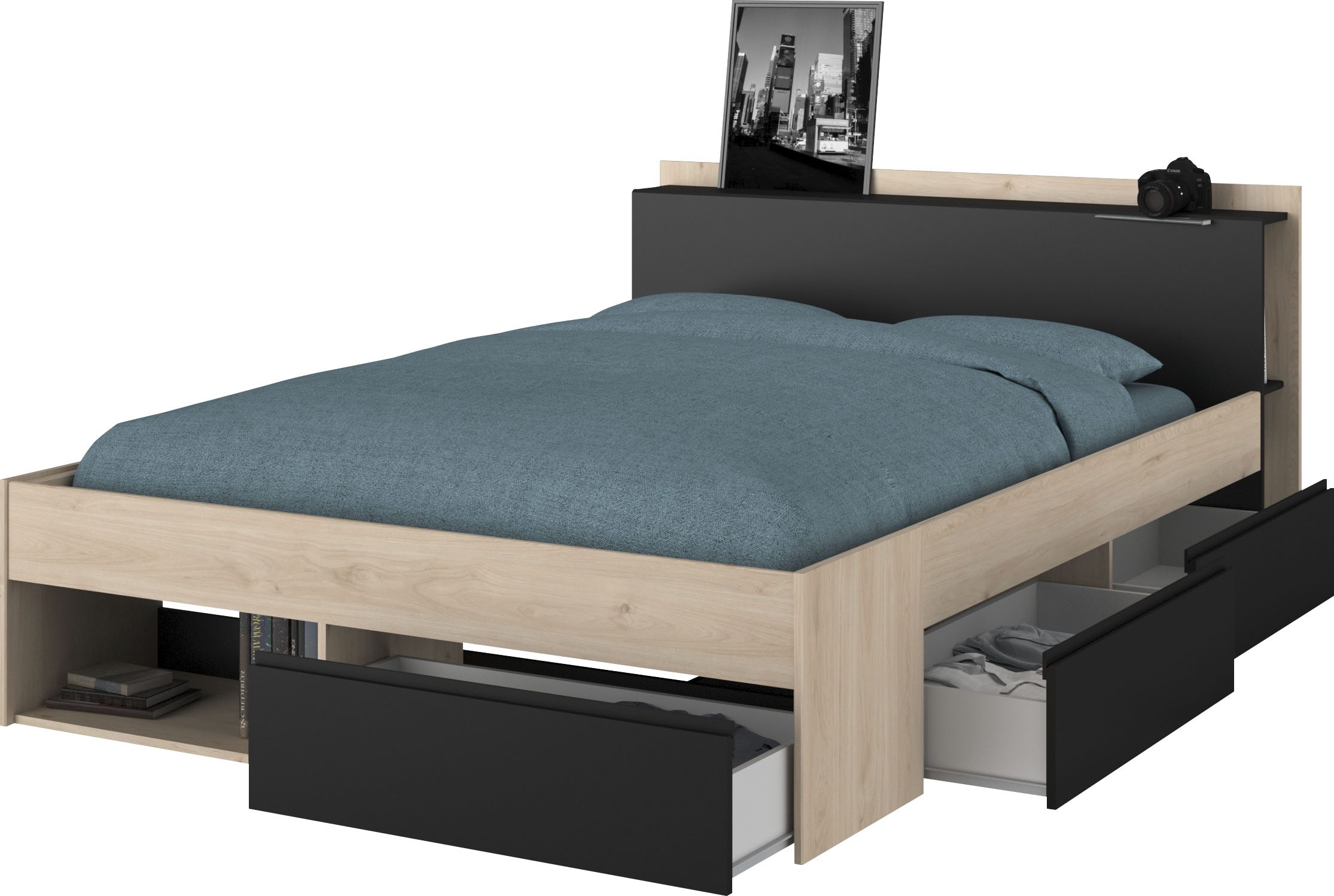Combo für Erwachsene Bett 160x200 cm - Chene et Noir - 3 Schubladen - Parisot