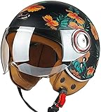 STTTBD Mattschwarz/Blume · Vespa-Jethelm mit offenem Gesicht · Herren und Damen Motorrad-Roller-Halbhelme Jet Pilot Motor Retro Chopper Cruiser Vintage Moped-Helm · DOT/ECE-Zulassung C,L