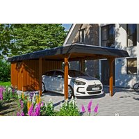 Skan Holz Carport Wendland Nussbaum + Anbau 362 x 870cm EPDM-Dach Blende Schwarz