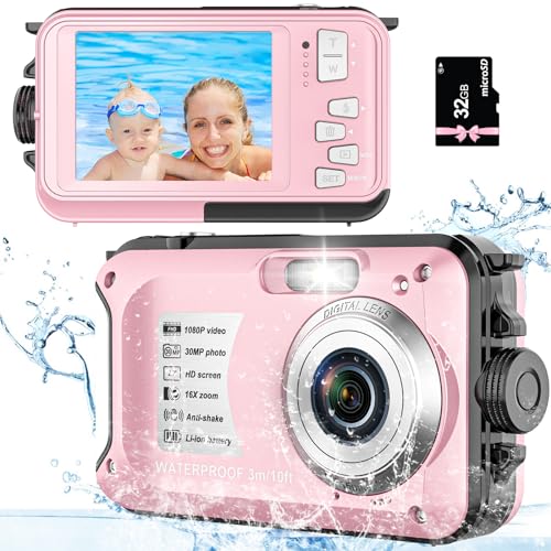 Unterwasserkamera wasserdichte Kamera 10FT 1080P Full HD 30MP Unterwasserkamera Kinder mit 32GB Karte 16X Digitalzoom Anti Shake Digitalkamera (Rosa)