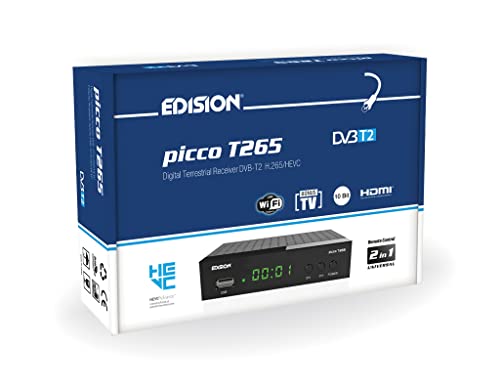 EDISION Picco T265 Full HD H.265 HEVC terrestrischer FTA Receiver T2, (1x DVB-T2, USB, HDMI, SCART, S/PDIF, IR Auge, USB WiFi Support, 2in1 Fernbedieung, schwarz)