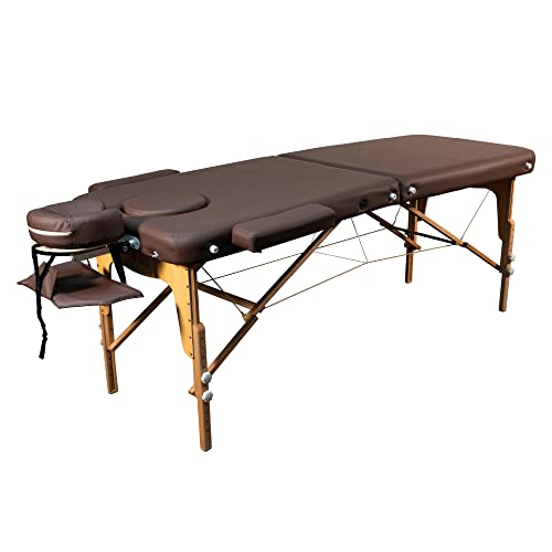 Zen Basic III Flat Massage-Liege klappbar und höhenverstellbar – mobiler Massagetisch aus Vollholz mit verstellbarem Aluminium-Kopfteil und Kosmetik-Tisch Tasche, Farbe Schokolade