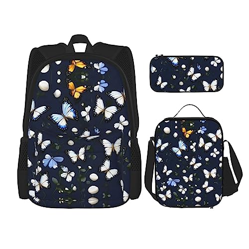 OdDdot Schulrucksack-Set, Reiserucksack, leichte Büchertasche, mit Lunchtasche, Federmäppchen, brauner Rindsleder-Aufdruck, Weiße Blüten mit blauen Schmetterlingen, Einheitsgröße, Schulranzen-Set
