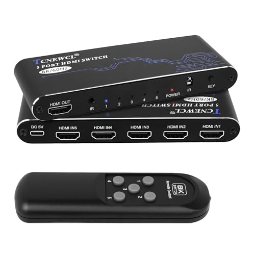 TCNEWCL HDMI 2.1 Switch 5 in 1 Out, 4K 120Hz/8K 60Hz HDMI Umschalter 5 Port, 5x1 HDMI Switcher Selector Video Umschaltpulte mit IR Fernbedienung, für PS5/PS4/Xbox/Blu-Ray-Player/HDTV/DVD