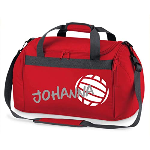 Sporttasche mit Namen Bedruckt für Kinder | Personalisierbar mit Motiv Volleyball | Reisetasche Duffle Bag für Mädchen und Jungen in Schwarz, Blau, Grün, Pink, Rot (Rot)