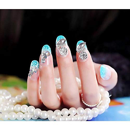 Künstliche Nägel Frauen Trendy Falsche Nägel 3D Shining Strass Blau Farbe Fake Nagel Braut Full Cover Mode Nail Art Tipps 24pcs / Set
