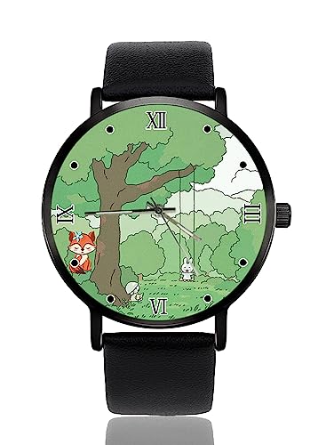 Uhr Personalisierte benutzerdefinierte Uhren Casual Schwarz Lederband Armbanduhren für Männer Frauen Unisex, Niedliche Kawaii-Tiere