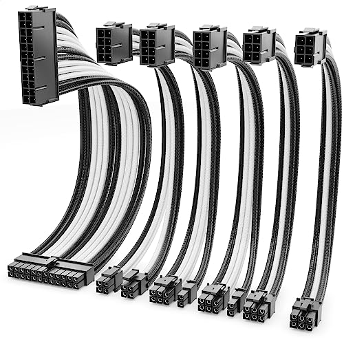 deleyCON Netzteil Kabel Set 6-Teilig 30cm - Intern Grafikkarte PC Computer Mainboard Motherboard 18 AWG ATX 24-Pin EPS 4+4-Pin PCI Express 6+2-Pin & 6-Pin Stromkabel Stecker auf Buchse Schwarz Weiß