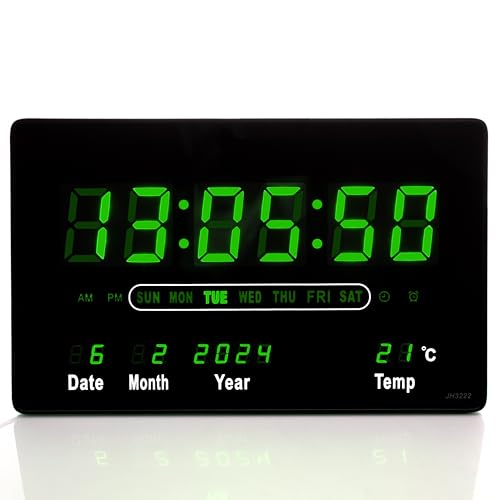 TruWare Just Camp Wanduhr Digital Groß LED Uhr mit Kalender Temperaturanzeige Studiouhr für Gewerbe Cafes Kiosk Hallen Digitaluhr L (Grün)