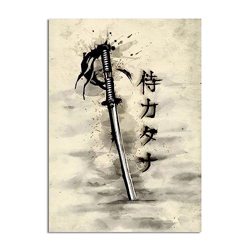 DaanaH Japanisches Samurai Schwert Retro Poster Tintenstil Wand Bilder Samurai Messer Leinwand Bild Wohnzimmer Schlafzimmer Geschenkdekor Japan Retro Bilder （Kein Rahmen）