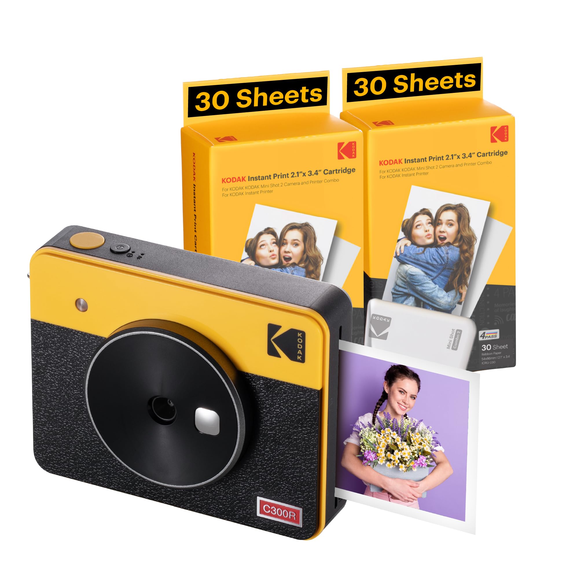 KODAK Mini Shot 3 Retro 4Pass 2-in-1 Sofortbildkamera und tragbarer Fotodrucker (7,6 x 7,6 cm) + Paket mit 68 Blättern, weiß