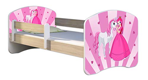 Kinderbett Jugendbett mit einer Schublade und Matratze Sonoma mit Rausfallschutz Lattenrost ACMA II 140x70 160x80 180x80 (08 Princess, 140x70)