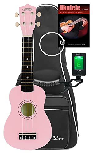 Classic Cantabile US-50 PK Sopranukulele Set - Ukulele mit 12 Bünden - Komplett-Set inkl. Tasche, Stimmgerät, Ersatzsaiten und Schule- leichtgängige Gitarrenmechanik - Weiße Nylon-Saiten - Pink