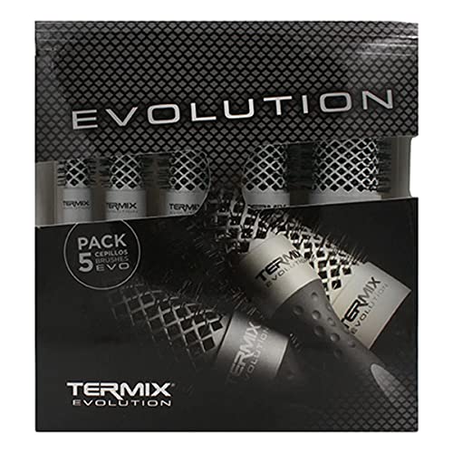 Termix Evolution Basic - Paket mit 5 Thermo-Rundbürsten mit leistungsstarken, ionisierten Borsten, speziell für mitteldickes Haar. Das Paket enthält die Durchmesser Ø17, Ø23, Ø28, Ø32 und Ø43.