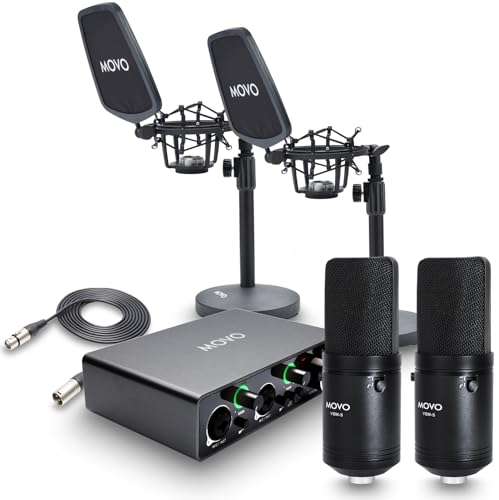 Movo 2er-Pack VSM-5 Großmembran Professionelles Kondensatormikrofon-Kit mit MDX-1 2x2 Audio-Schnittstelle mit Tischständer – Podcast-Ausrüstungsset für YouTube, Podcast, Streaming
