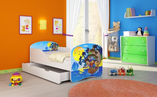 Kinderbett Jugendbett Komplett mit einer Schublade und Matratze Lattenrost Weiß ACMA I (140x70 cm + Bettkasten, 21 Piraten)
