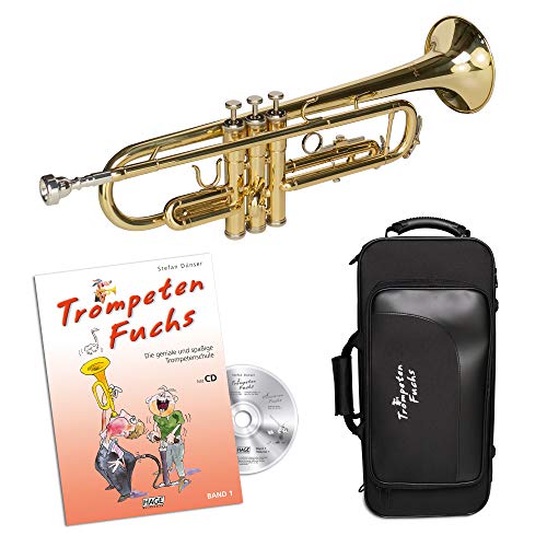 CASCHA Trompeten Fuchs Anfänger Set inklusive Bb Trompete, Trompeten Fuchs Band 1, Zubehör, Mundstück, Reinigungstuch und Koffer, Gold