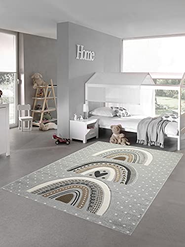 Kinderzimmer Teppich Spielteppich gepunktet Herz Regenbogen Design grau braun Größe 120x170 cm
