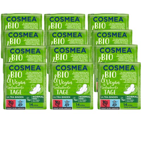 Cosmea Bio Ultra-Binden, Normal mit Flügel Vorteilspack (12 x 14 Stück) Hygiene-Einlagen aus Bio-Baumwolle, Damen-Hygiene im Einklang mit der Natur
