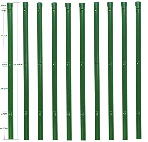 10 Stück Zaunpfosten Ø 34 mm für 1,2 Meter hohe Metallzaun Anlage in grün aus Maschendraht. Pfosten Zaun Pfahl mit Kappe und 3 montierte Spanndrahthalter.