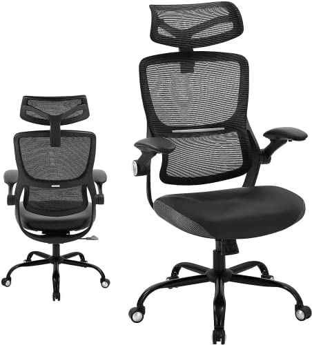 Ergonomischer Bürostuhl, Stuhl, mit Lendenwirbelstütze, dickes Kissen, atmungsaktives Netzgewebe, hohe Rückenlehne, mit 3D-Armresten und verstellbarem Kopfteil, Schwarz