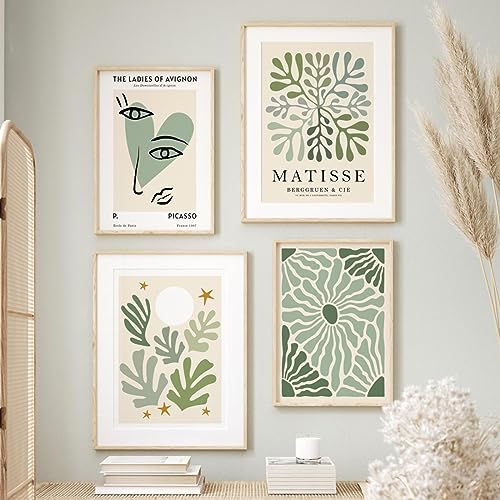 Dittelle Green Matisse Dance Coral Picasso Abstrakte Vintage-Poster und Drucke, Wandkunst, Leinwandgemälde, Wohnzimmer, Heimdekoration, 30 x 40 cm x 4 Stück, rahmenlos