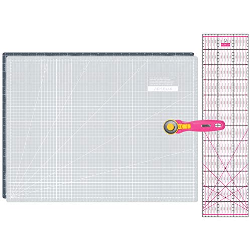 SEMPLIX Schneidematten Set - Schneideunterlage 60 x 45 cm (A2), Rollschneider Maxi 45 mm, Patchwork Lineal 60x15 cm (grau/pink)