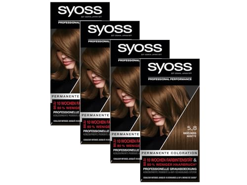 Syoss Color Coloration 5_8 Haselnuss Stufe 3 (4 x 115 ml), permanente Haarfarbe für bis zu 10 Wochen Farbintensität und 70% weniger Haarbruch*