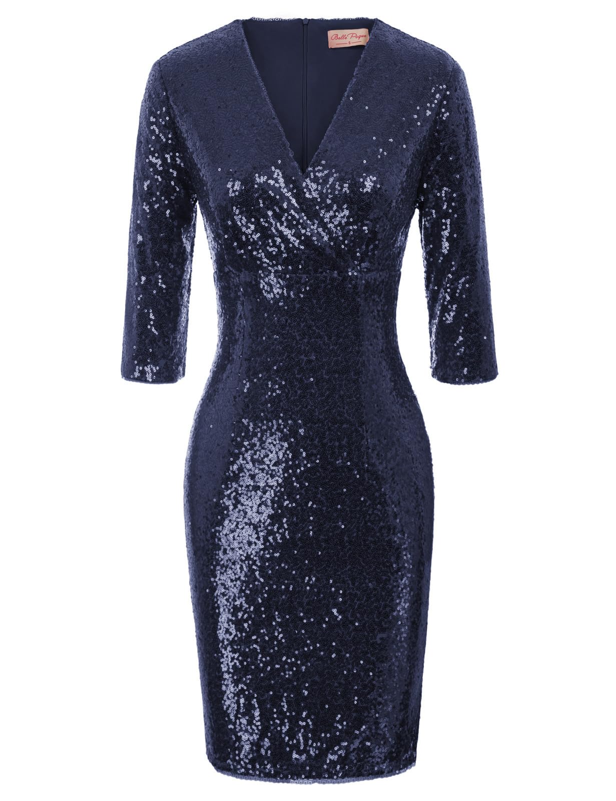 Belle Poque Damen 3/4 Ärmel V-Ausschnitt Pailletten Hüftbedeckend Kleid Elegante Kleider Marineblau S