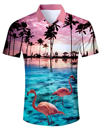 AIDEAONE Herren Aloha Hawaiian Hemd Kurzarm Urlaub Hemden Rosa Flamingo