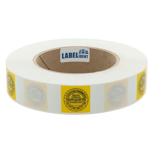 Labelident Kabelprüfplaketten 25 x 70 mm für Kabel-Ø 7,5 bis 16,5 mm - Geprüft gemäß VDE / Nächster Prüftermin - 1000 Prüfplaketten auf Rolle 2023-2028, Vinylfolie gelb