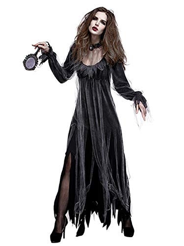 FStory&Winyee Damen Halloween Kostüm Erwachsene Horror Zombie Geist Braut Kostüm Gruselig Karneval Verkleidung Party Dämonen Kostüm Geisterbraut Kostüm Cosplay Kleid Schwarz