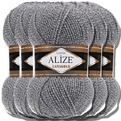 Alize 5 x 100g Lanagold Classic Türkische Premium Wolle Baumwolle und Acryl Uni Handstrickgarne | Yarn | Garn | Strickgarn Einfarbig Baby zum Häkeln Stricken Kleidung Schals (Light Grey DUE | 651)