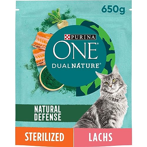 PURINA ONE Dual Nature Katzenfutter trocken für kastrierte Katzen mit Spirulina, reich an Lachs, 6er Pack (6 x 650g)
