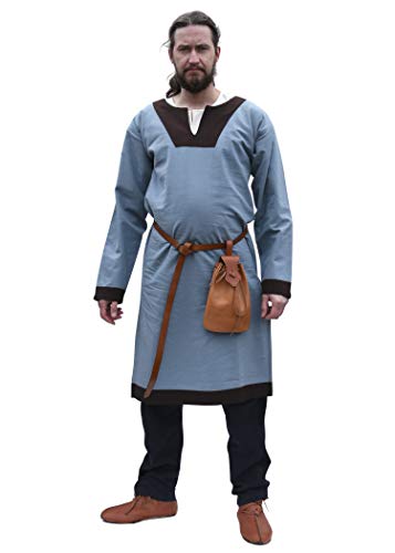 Battle-Merchant Wikinger Tunika Vallentin Langarm für Herren Baumwolle | Mittelalter LARP Vikings mittelalterliches Kostüm (Blaugrau/Braun/L)