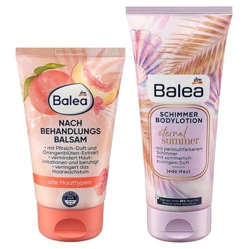 Balea 2er-Set Hautpflege: NACHBEHANDLUNGSBALSAM pflegt beruhigt beanspruchte Haut nach der Haarentfernung (150 ml) + Schimmerlotion Bodylotion ETERNAL SUMMER perlmuttfarbener Schimmer (200 ml), 350 ml