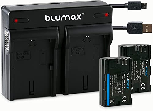 LP-E6N Blumax 2X Akku 2000mAh für Canon LP E6N + USB Mini Dual-Ladegerät für Canon EOS-R, EOS R, XC10 XC15 EOS 60D 70D 80D 5D Mark I Mark II Mark III IV 6D Mark I II 7D Mark I II