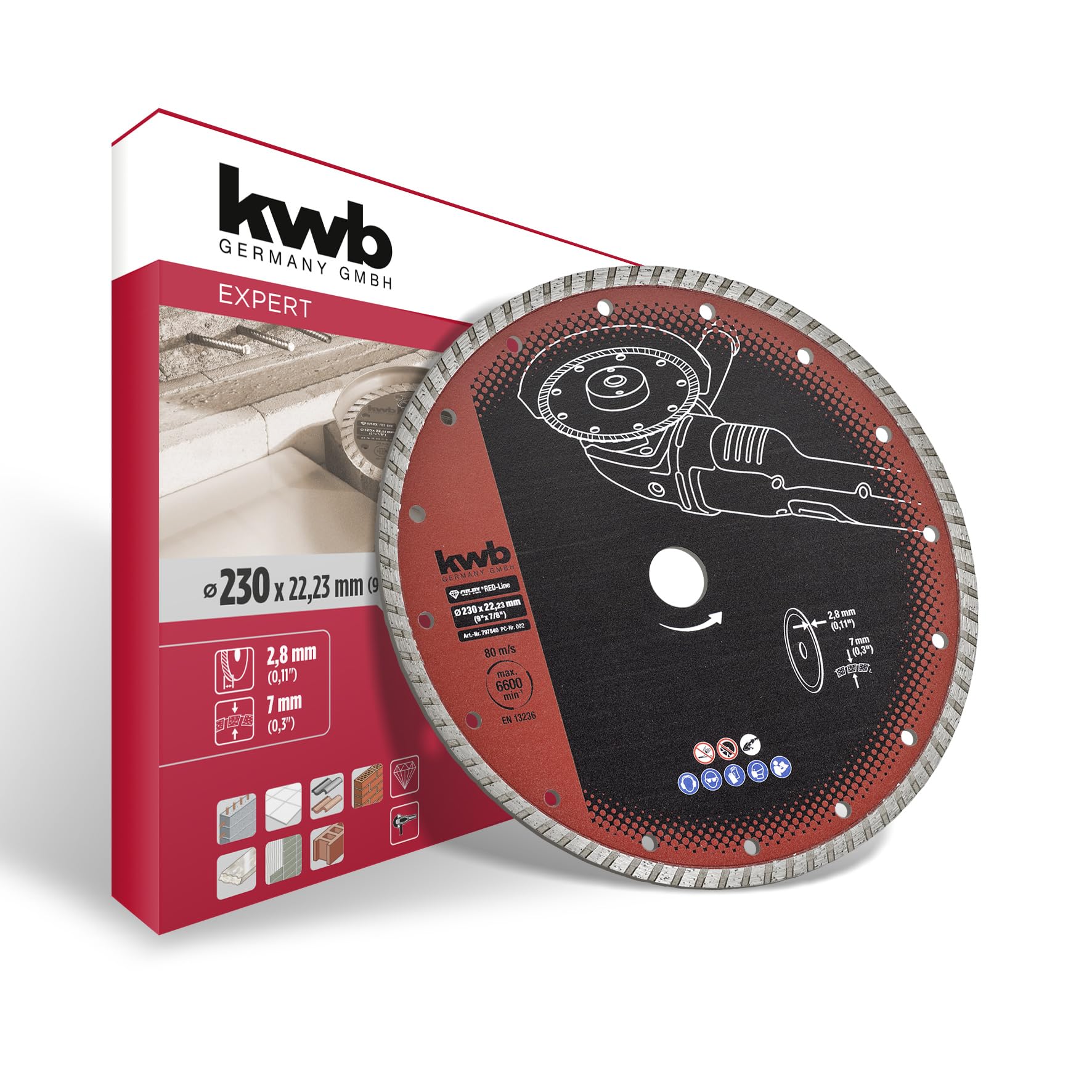 kwb CUT-FIX® Red-Line Diamanttrennscheibe ø 230 mm, mit gesintertem Turborand, 9 Nebenlöcher, hohe Lebensdauer, 22,23 mm Bohrung