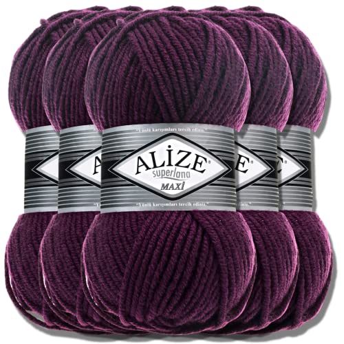 Alize 5 x 100g Superlana Maxi Türkische Premium Wolle Baumwolle und Acryl Uni Handstrickgarne | Yarn | Garn | Strickgarn Einfarbig Baby zum Häkeln Stricken Kleidung Schals (Plum | 111)