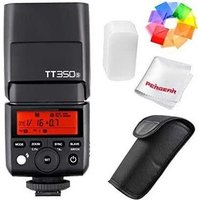 Godox TT350S. Typ: Kompaktes Blitzlicht, Produktfarbe: Schwarz, Annähernde Recycling-Zeit: 2,2 s. Akku-/Batterietyp: AA. Breite: 140 mm, Tiefe: 38 mm, Höhe: 62 mm (TT350S)