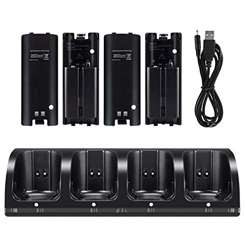 OSAN Ladegerät-KIT Ladestand Ladestation mit 4 2800mAh wiederaufladbar Batterien Akkus für Wii Remote Controller (Schwarz)