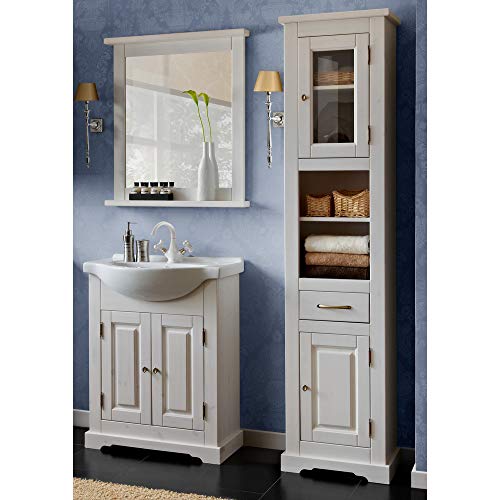 Lomadox Landhaus Badezimmermöbel Set 3-teilig ● Kiefer Massivholz weiß Gebleicht ● 65cm Waschtischunterschrank mit Keramik Waschbecken, Spiegel und Hochschrank