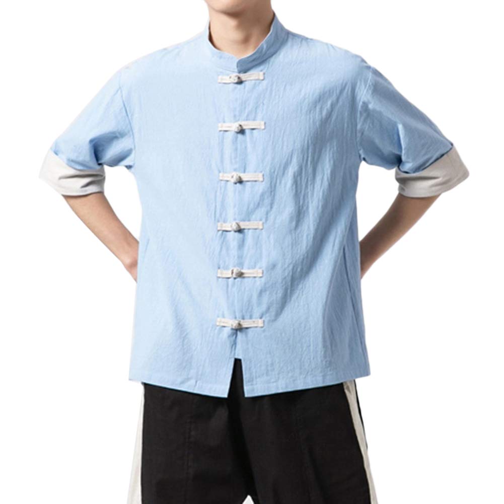 GladiolusA Herren Leinen Hemd Tang-Anzug Freizeit Hemden Chinesischer Stil Kung Fu Tops Blau M