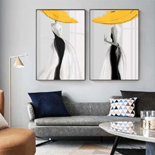 Abstrakte, minimalistische, graue, gelbe Textur, Gemälde, sexy Frau, Strichzeichnung, Leinwanddruck, Bilder für Wohnzimmer, Dekoration, Poster, 50 x 70 cm x 2, rahmenlos