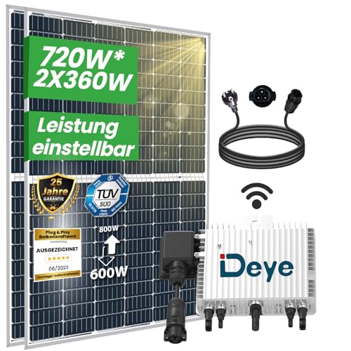 Balkonkraftwerk Komplettset 720W | Deye WIFI Wechselrichter 800W | Photovoltaik Solaranlage mit 10m Schukostecker